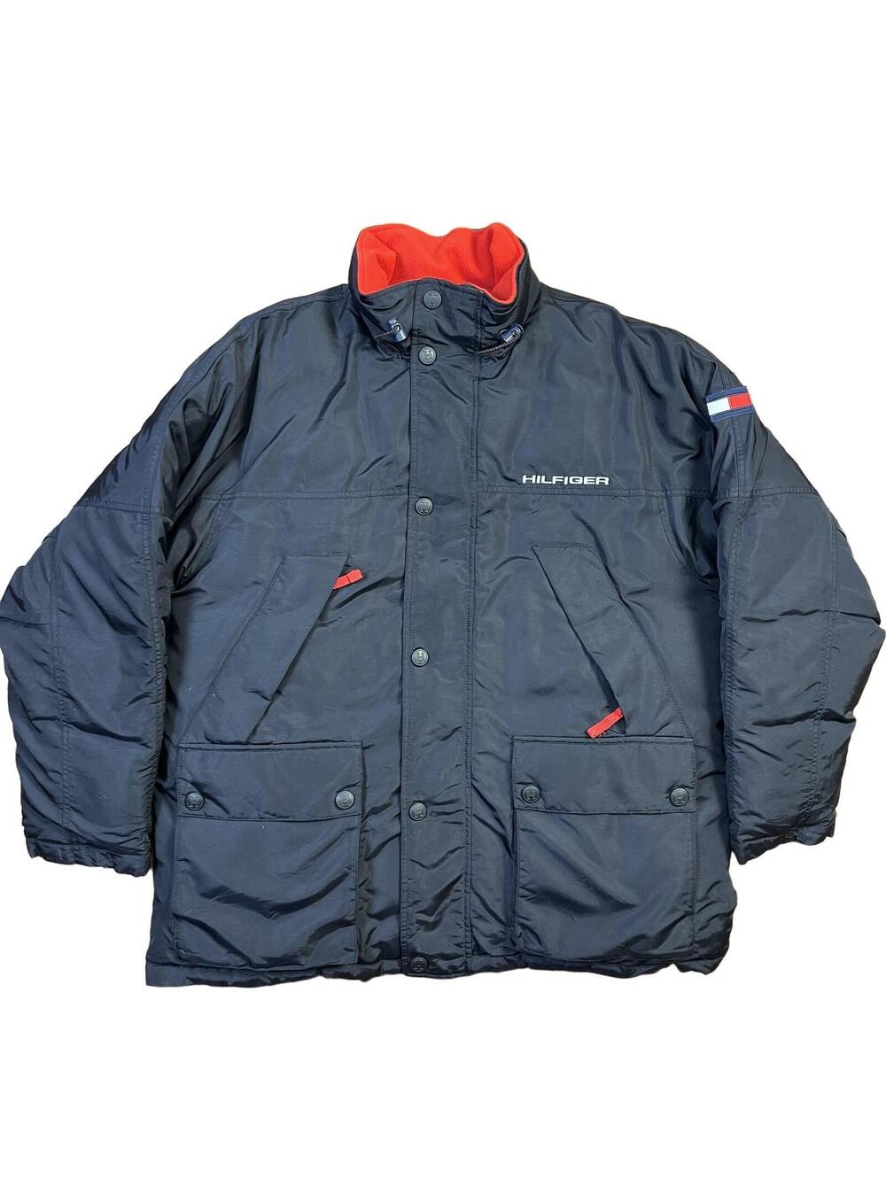 Tommy Hilfiger Black 90s Vintage Puffer Button Down Parka Jacket